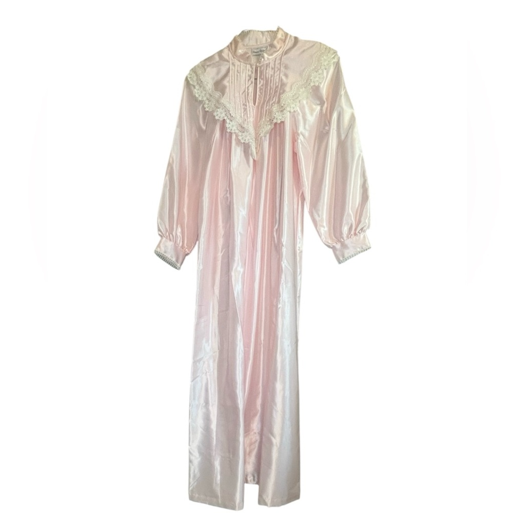NWT Vintage Donna Richard Pink Satin Nightgown Long Sleeve Lace Trim Size Small